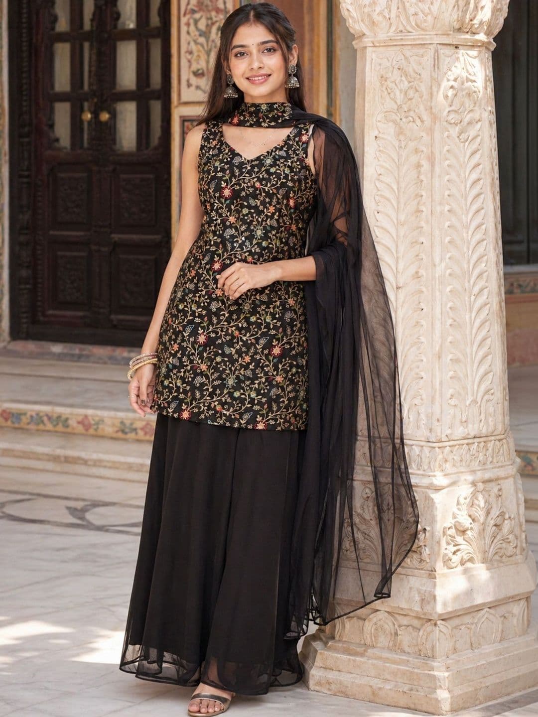 Sangria Embroidered  V-Neck Kurta & Sharara With Dupatta - view 1