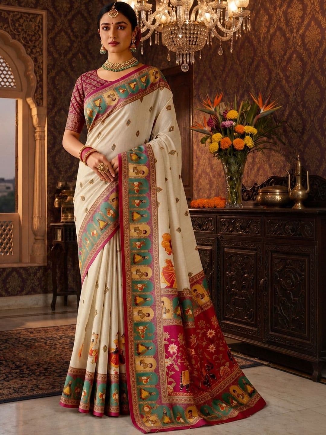 SAADHVI Ethnic Motifs Zari Linen Blend Heavy Work Saree - view 1