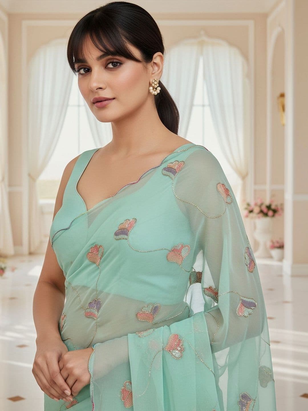 FABLAND Floral Sequinned Poly Georgette Designer Saree - view 1
