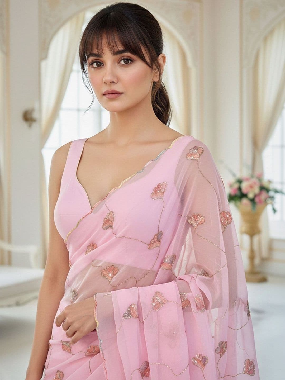 FABLAND Floral Sequinned Poly Georgette Saree thumbnail 2
