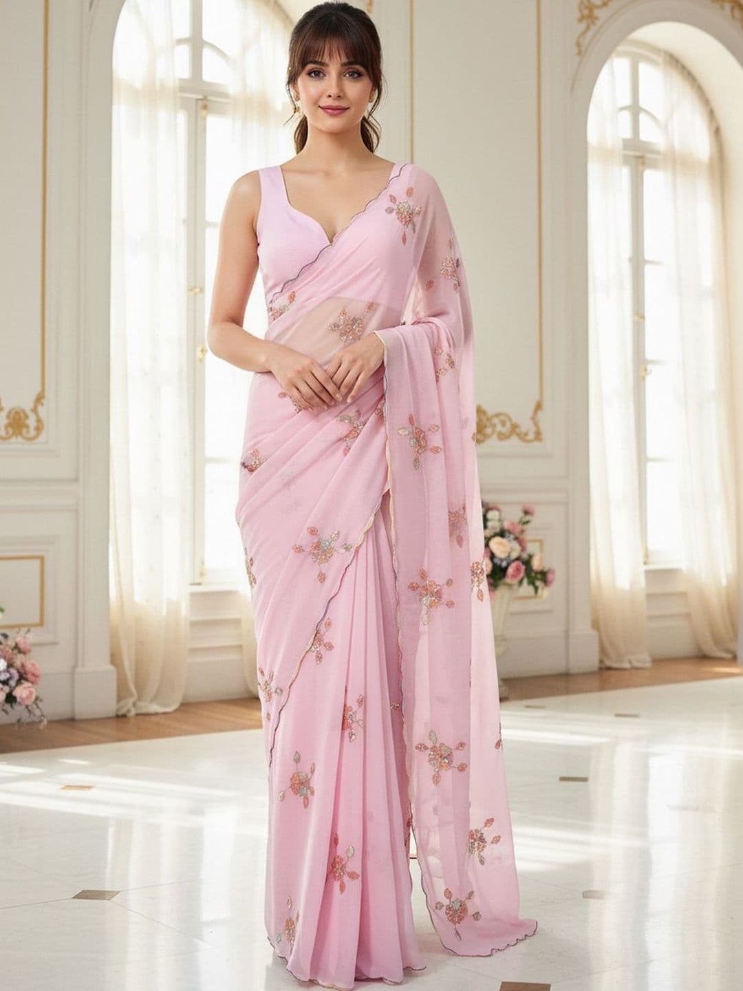 FABLAND Embellished Embroidered Poly Georgette Heavy Work Saree - view 1