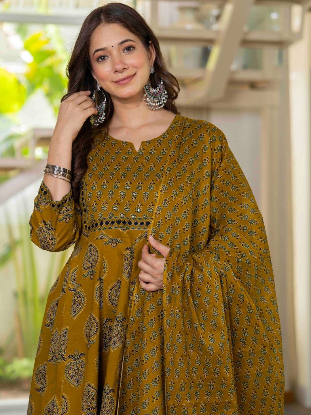 KALINI Women Ethnic Motifs Printed Empire Mirror Work Pure Cotton Kurta with Trousers & With Dupatta thumbnail 2