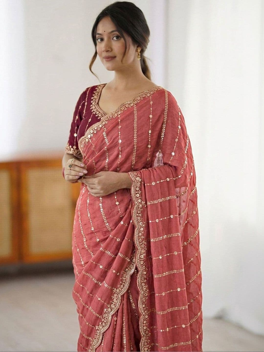 Satrani Embellished Sequinned Poly Georgette Heavy Work Saree thumbnail 7