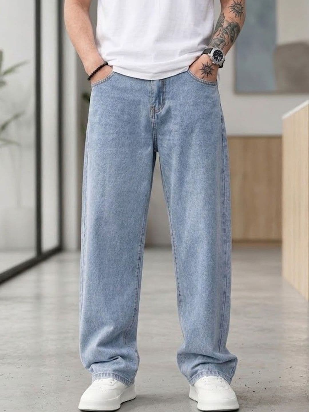 FEBRi Men Wide Leg Mid-Rise Light Fade Applique Jeans - view 1