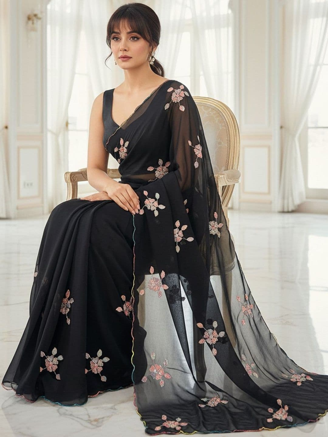 FABLAND Floral Embroidered Poly Georgette Designer Saree thumbnail 3