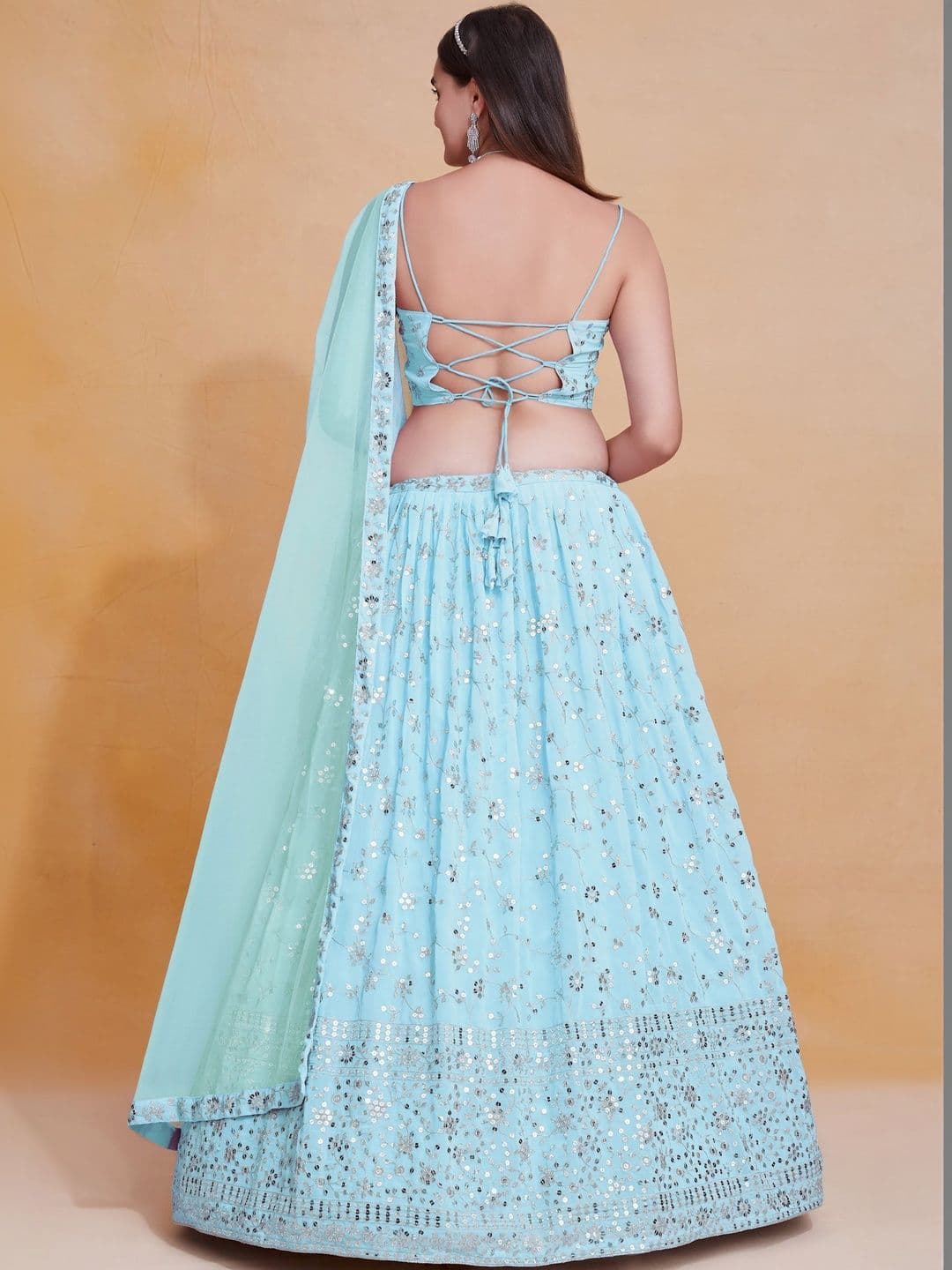 DREAM EXPORTER Women's Sky Blue Georgette Zari Sequence Embroidery Work Lehenga Choli thumbnail 2