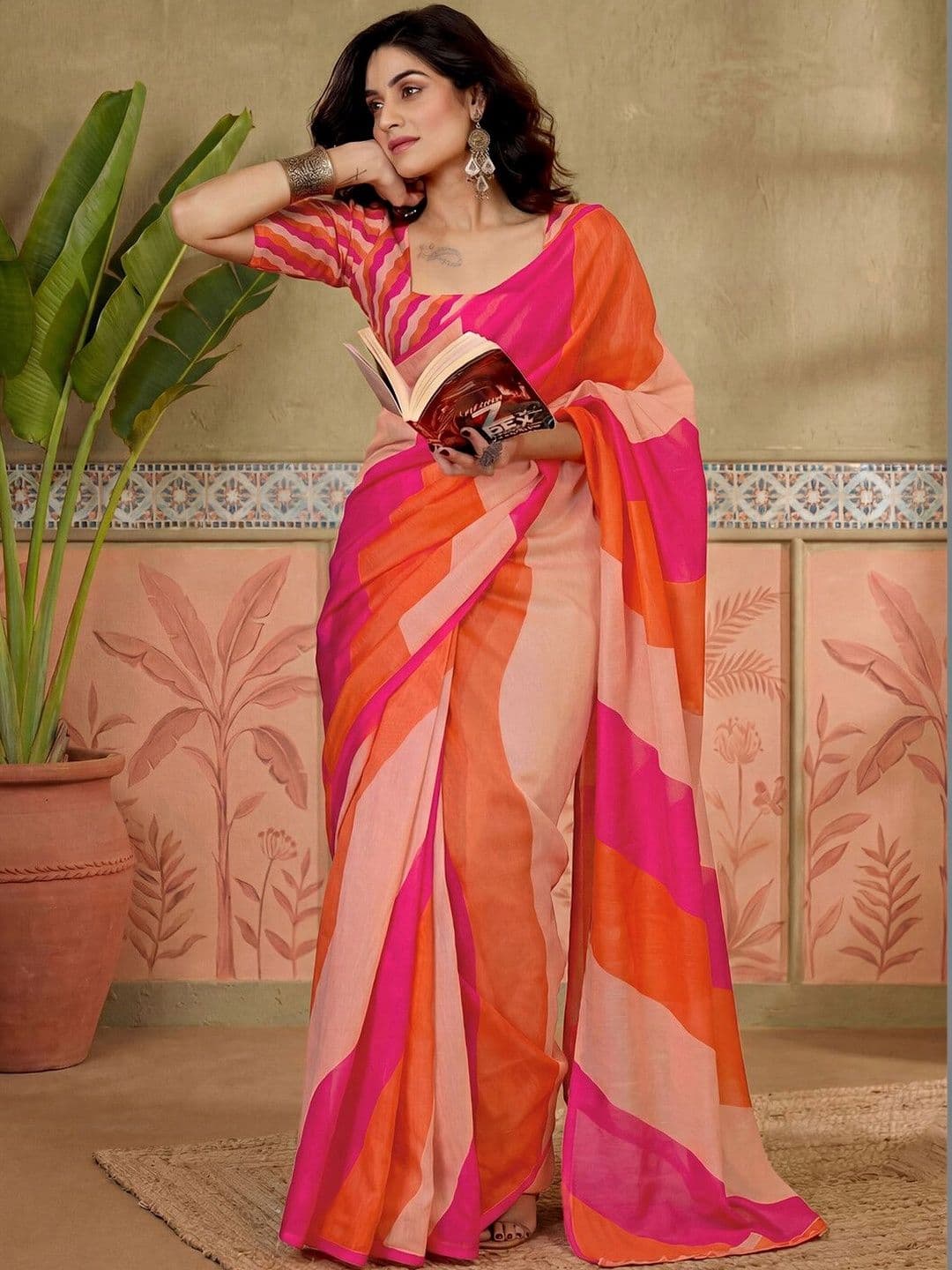 Sangria Printed Chanderi Ready to Wear Saree Blouse Piece thumbnail 7
