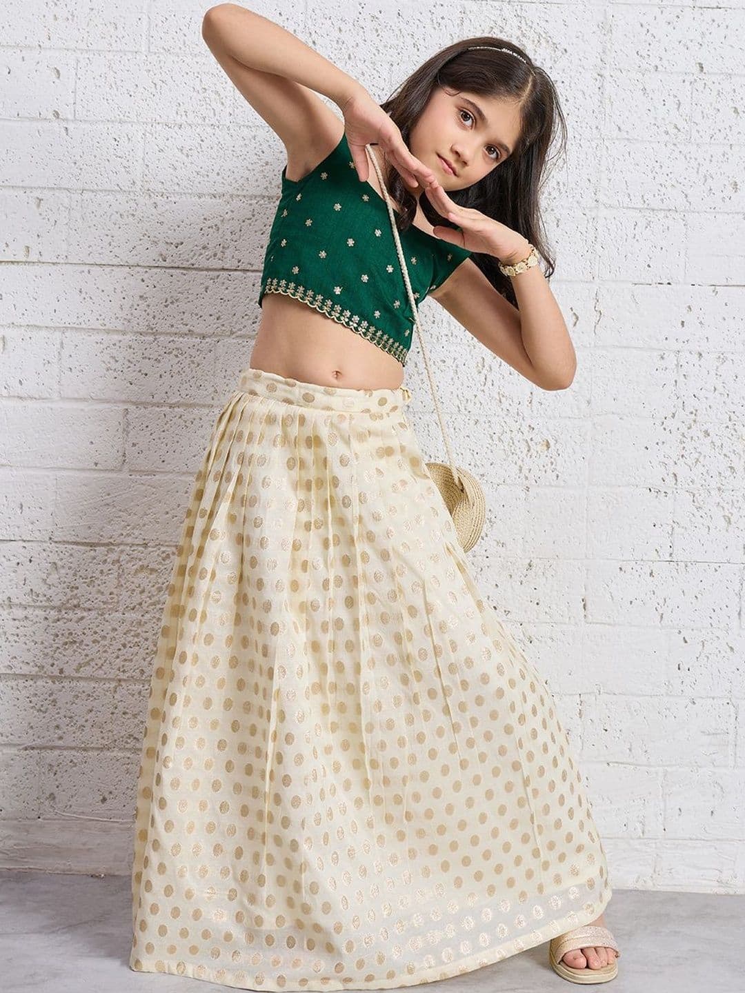 KALINI Girls Embroidered Thread Work Foil Print Ready to Wear Lehenga & thumbnail 7