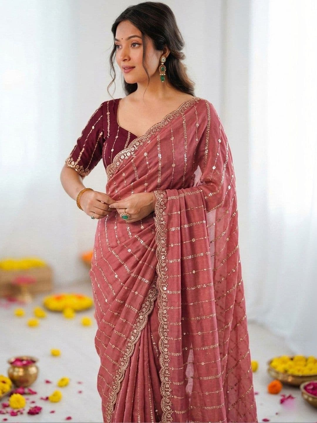 Satrani Embellished Sequinned Poly Georgette Heavy Work Saree thumbnail 5