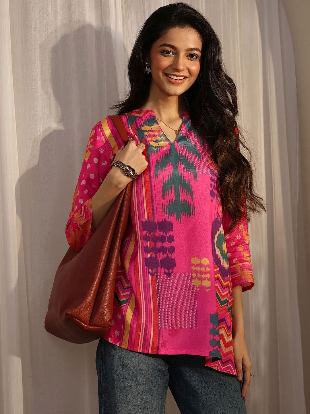 Libas Women Pink Printed Muslin Straight Short Kurti - view 1