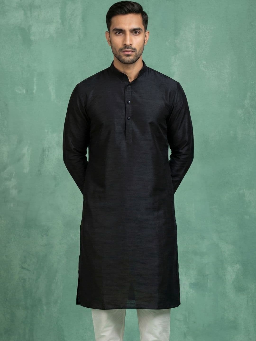 House of Pataudi Silk Mandarin Collar Knee Length Straight Kurtas - view 1