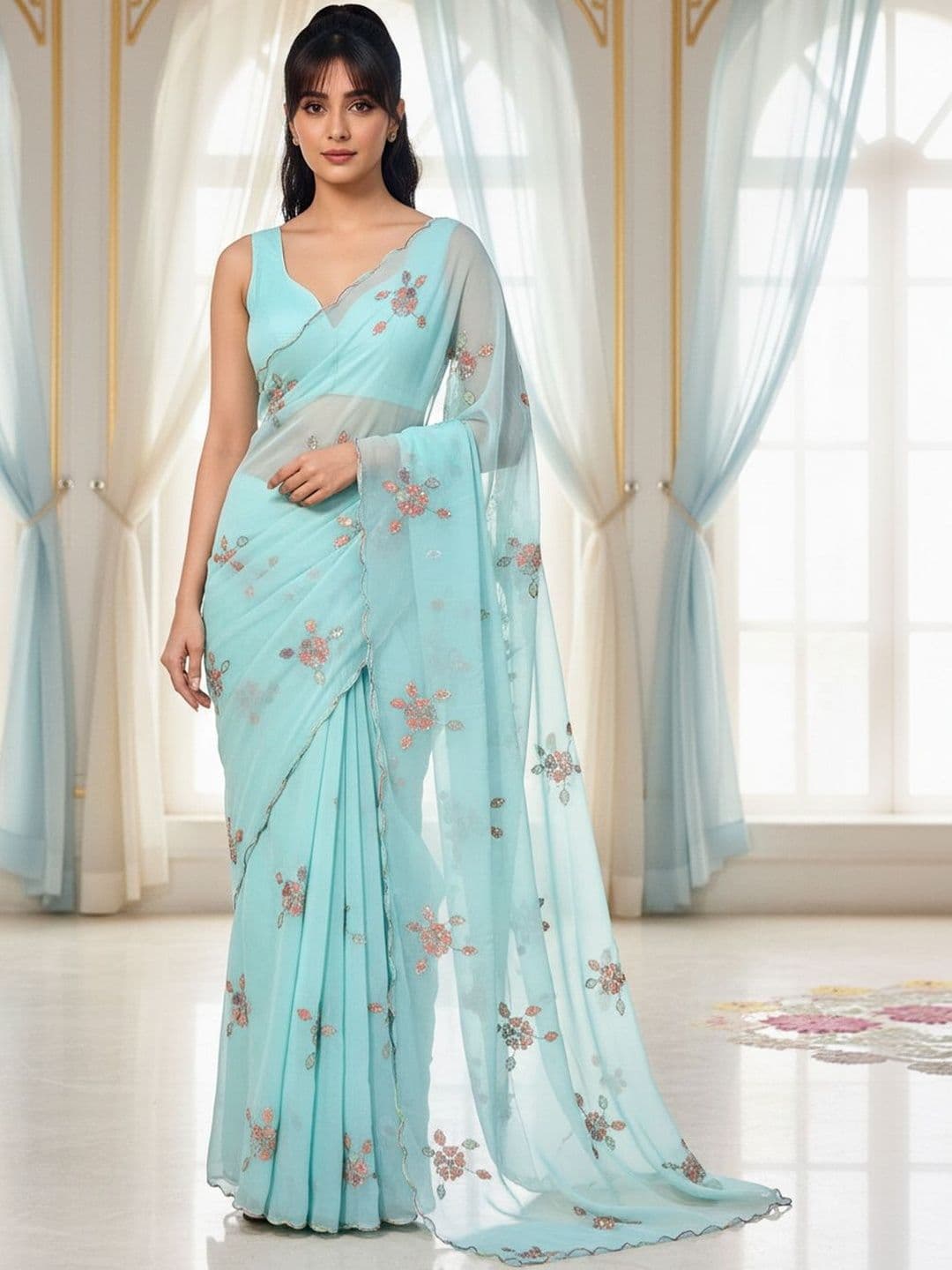FABLAND Embellished Sequinned Poly Georgette Designer Saree thumbnail 3