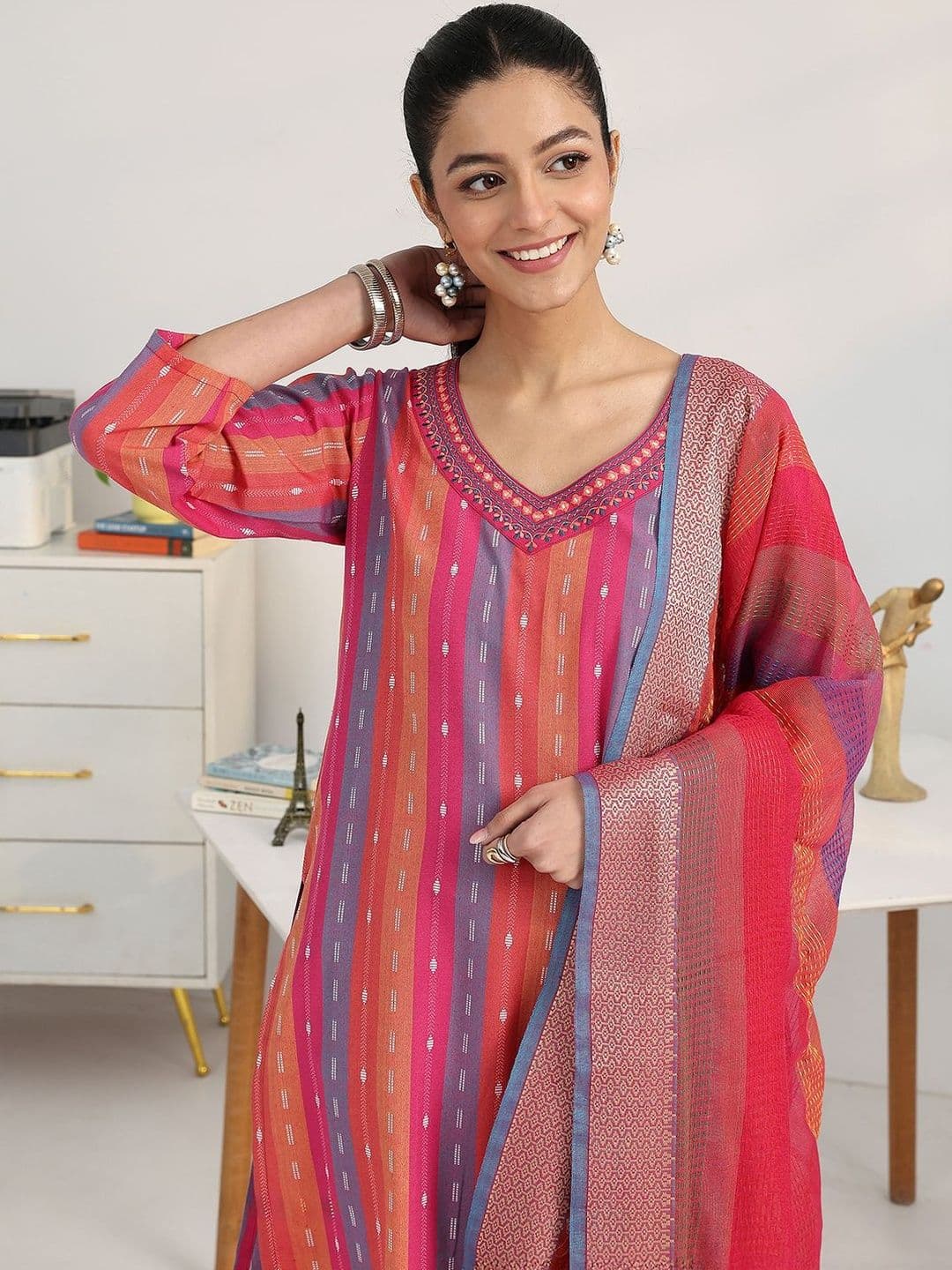 Gerua By Libas Women Striped Regular Thread Work Kurta with Trousers & With Dupatta thumbnail 6