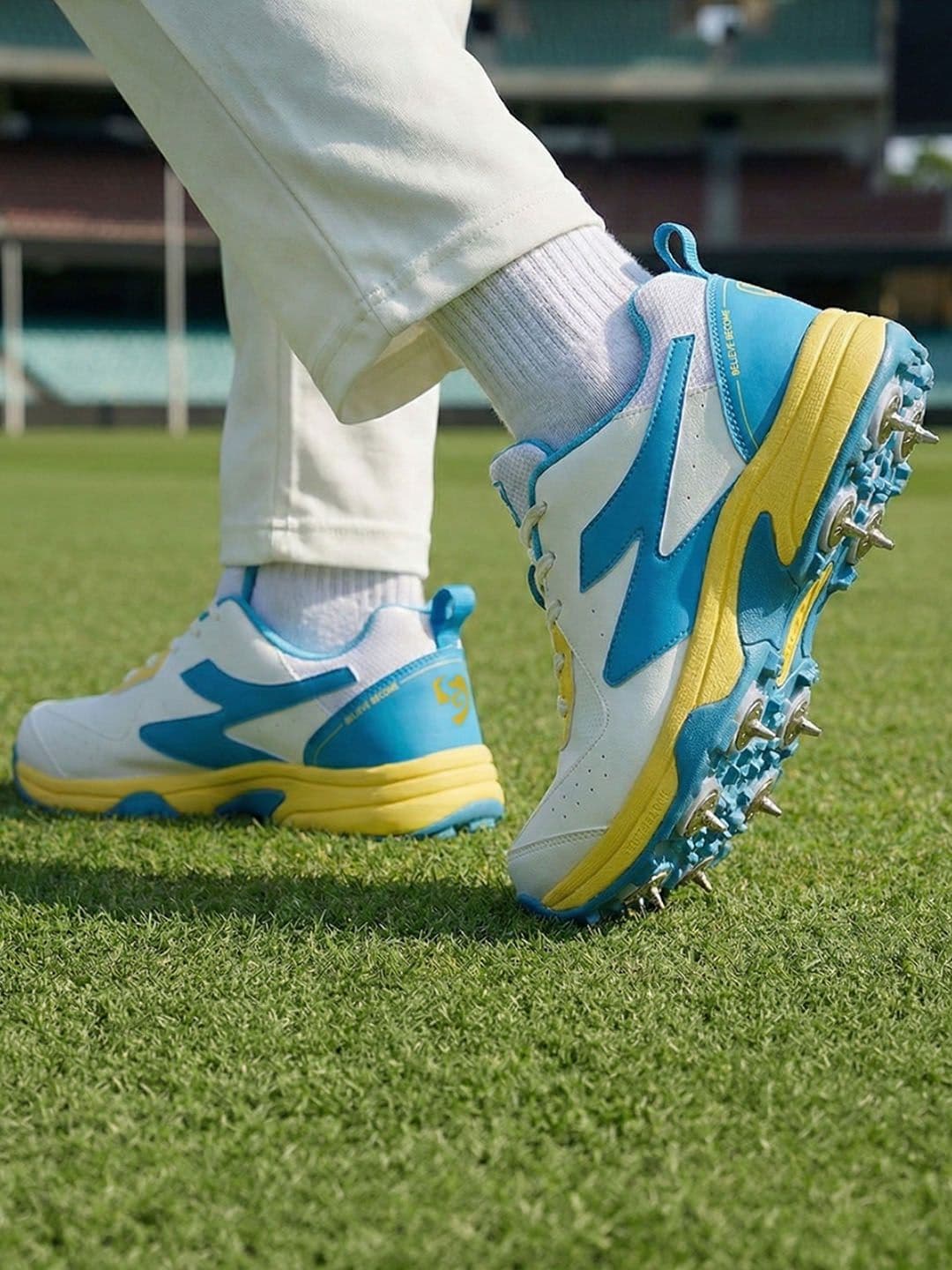 SG Savage Max Spike Shoes White-Yellow-Sky Blue - Lightweight Pro Traction thumbnail 6