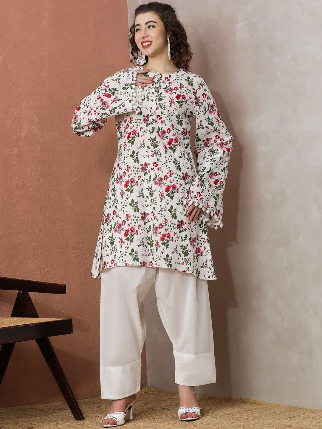 Anouk Women Floral Printed Regular Pure Cotton Kurti with Trousers - view 1