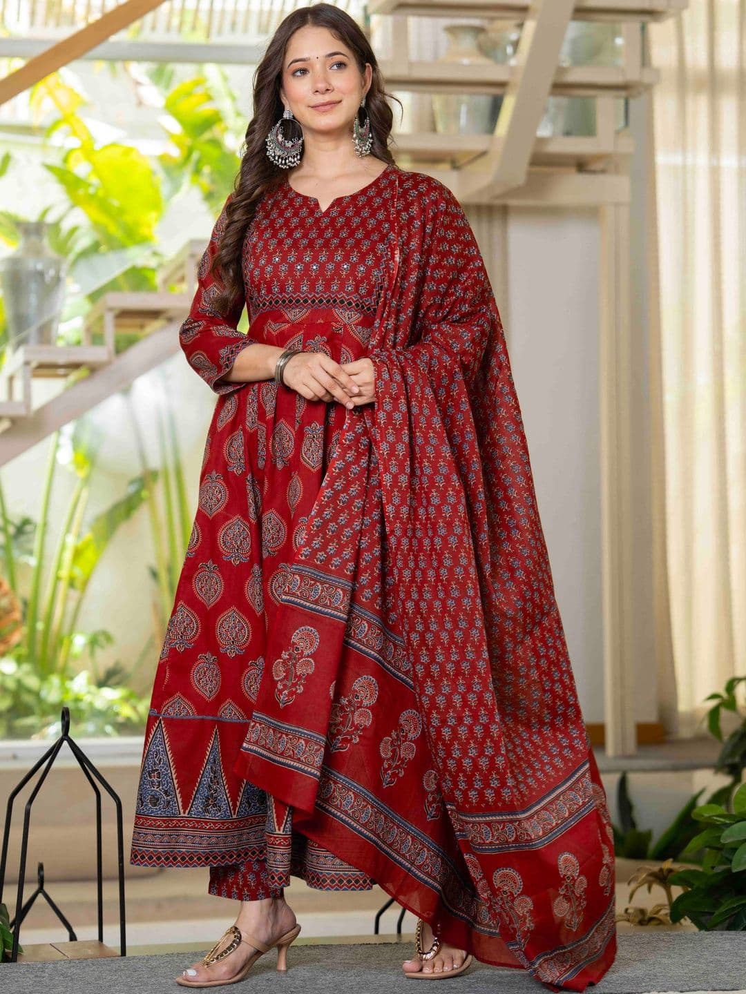 KALINI Women Ethnic Motifs Printed Empire Mirror Work Pure Cotton Kurta with Trousers & With Dupatta thumbnail 5