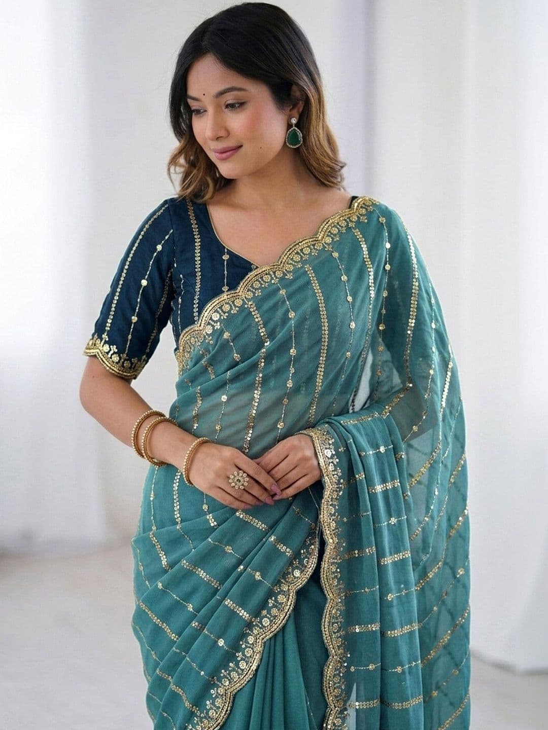 Satrani Embellished Sequinned Poly Georgette Heavy Work Saree With Blouse Piece - view 1