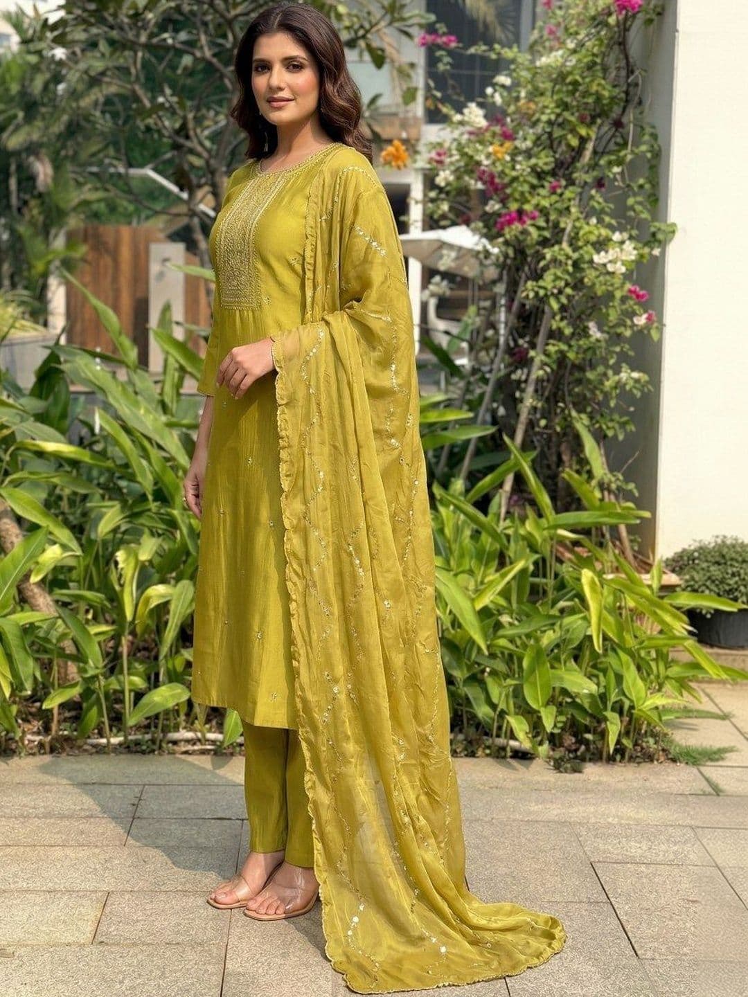 KALINI Ethnic Motifs Embroidered Thread Work Silk Georgette Kurta with Trousers & Dupatta thumbnail 4
