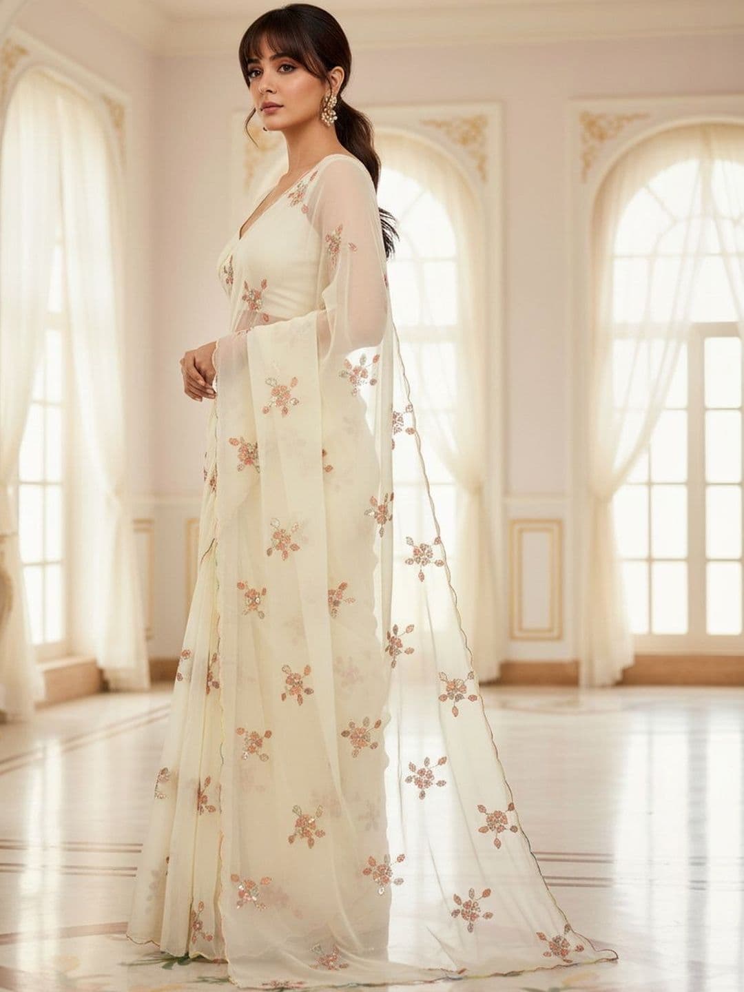 FABLAND Floral Sequinned Poly Georgette Heavy Work Saree thumbnail 2