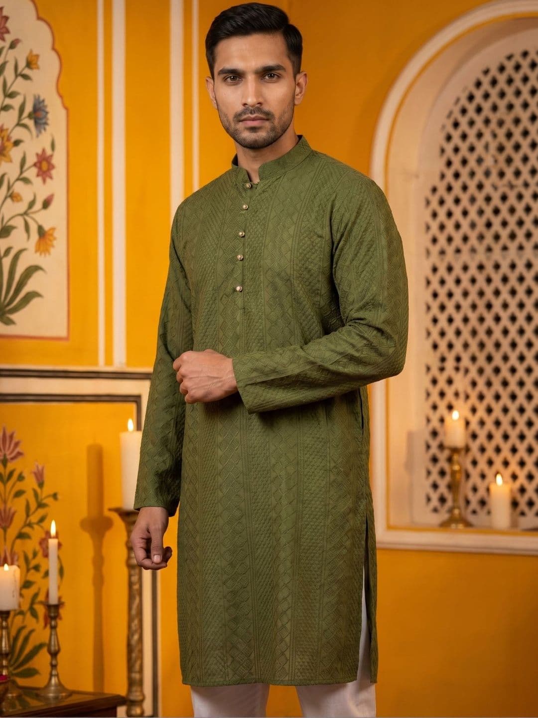 Jompers Men Ethnic Motifs Embroidered Chikankari Kurta thumbnail 6