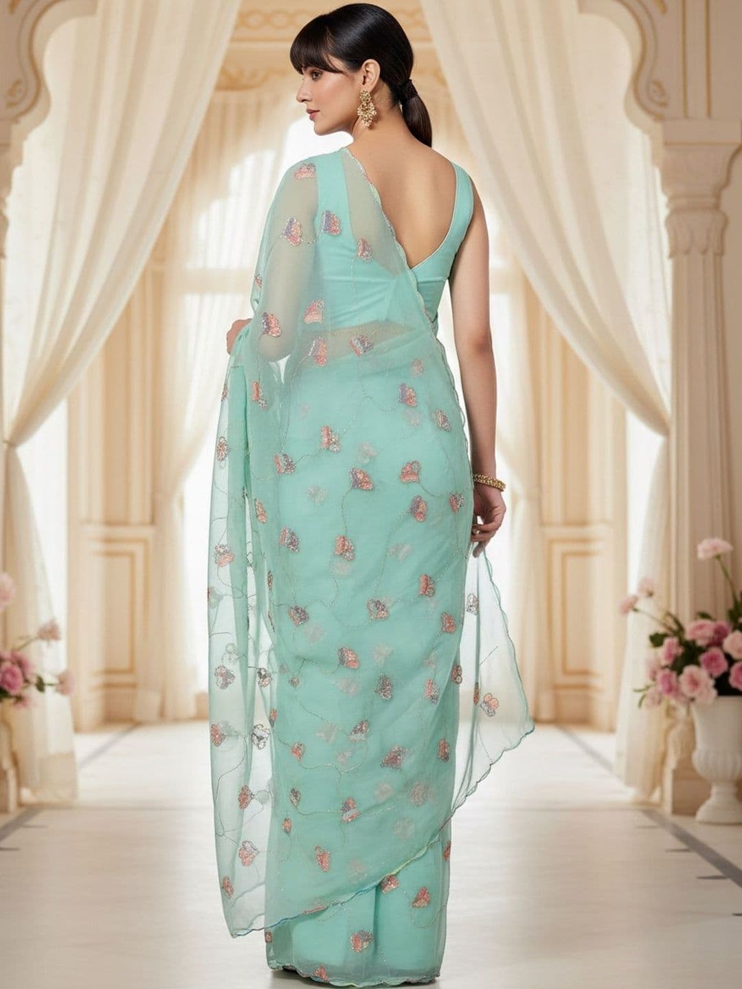 FABLAND Floral Sequinned Poly Georgette Designer Saree thumbnail 4