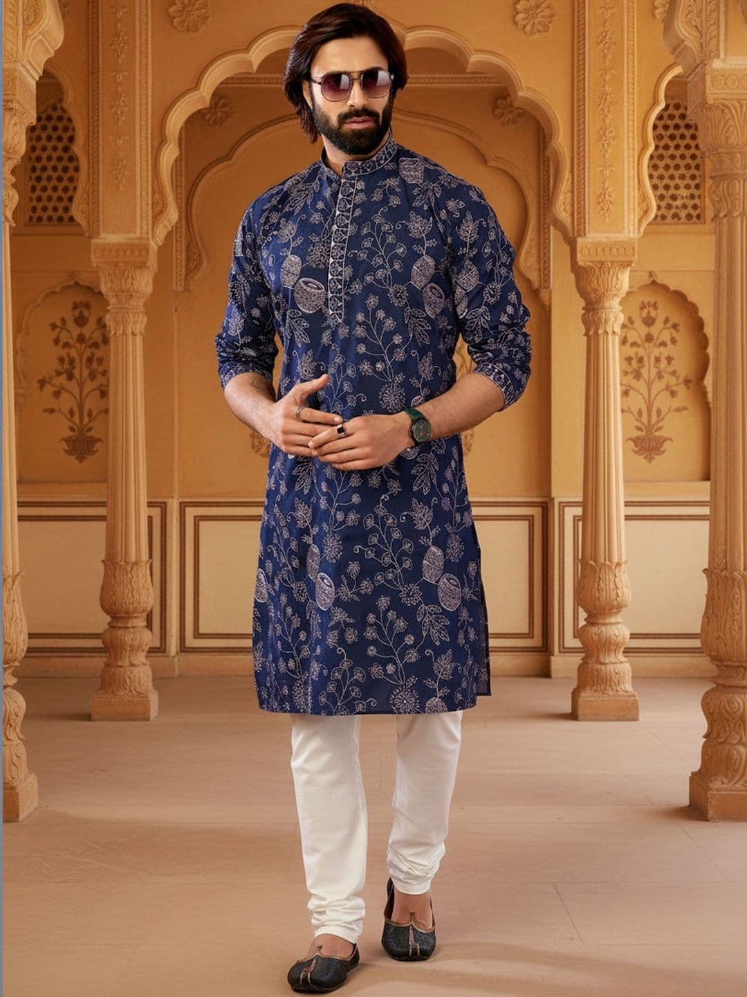 RANGRAAG Men Floral Printed Thread Work Indie Prints Kurta - view 1