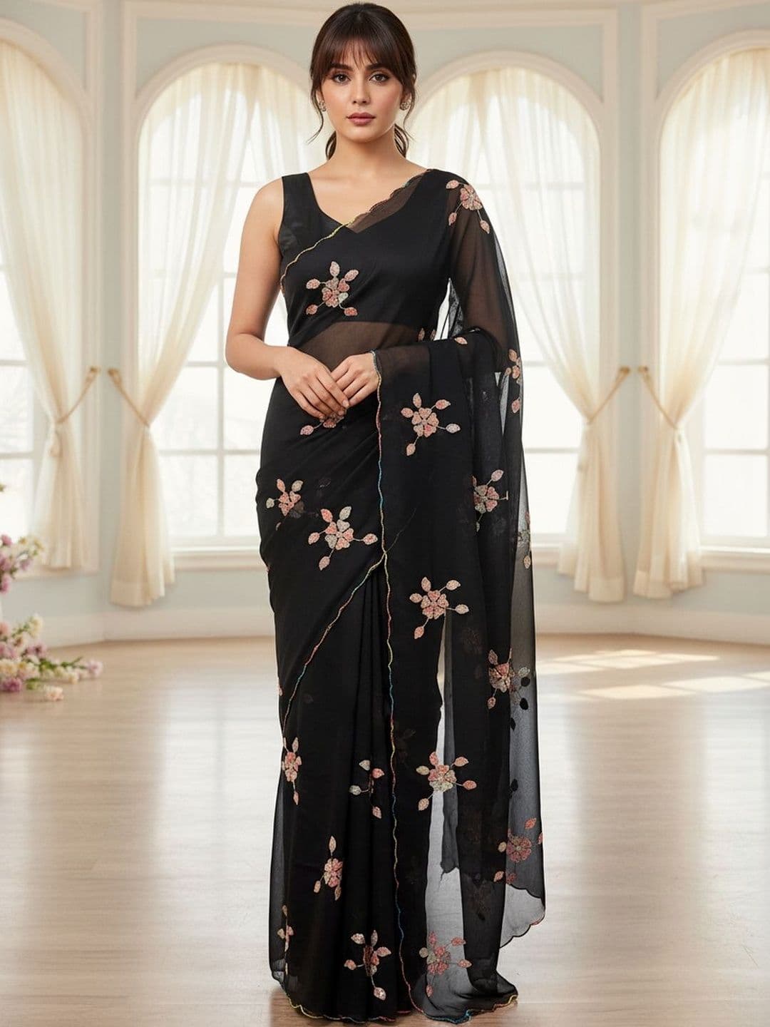 FABLAND Floral Embroidered Poly Georgette Designer Saree - view 1