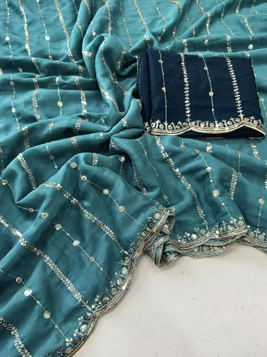 Satrani Embellished Sequinned Poly Georgette Heavy Work Saree With Blouse Piece thumbnail 6
