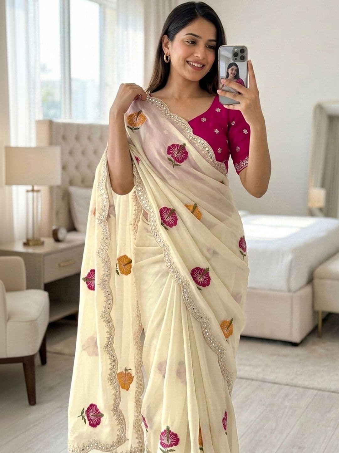Satrani Floral Embroidered Saree With Blouse Piece thumbnail 4