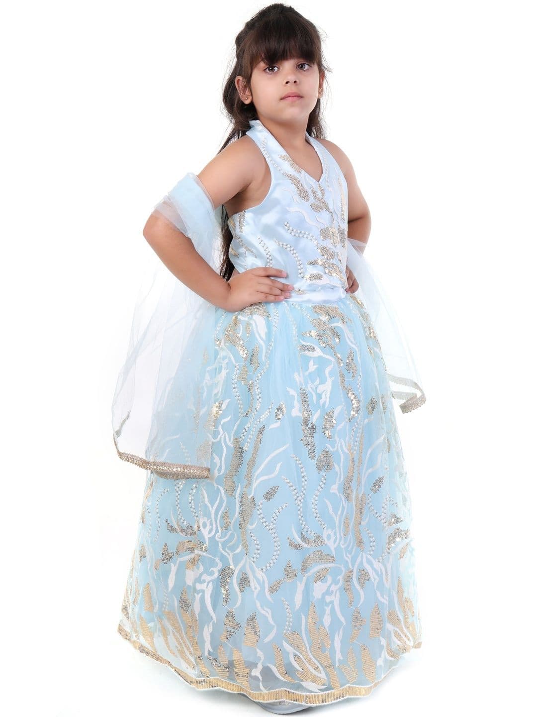 Huggle Boo Girls Blue Gold Embroidered Lehenga Choli thumbnail 2