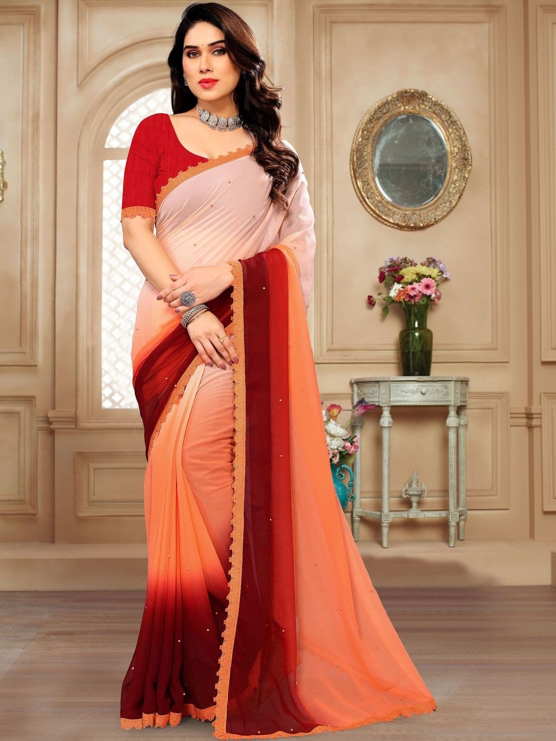 Traditional Villa Ombre Beads and Stones Pure Georgette Designer Banarasi Saree thumbnail 4