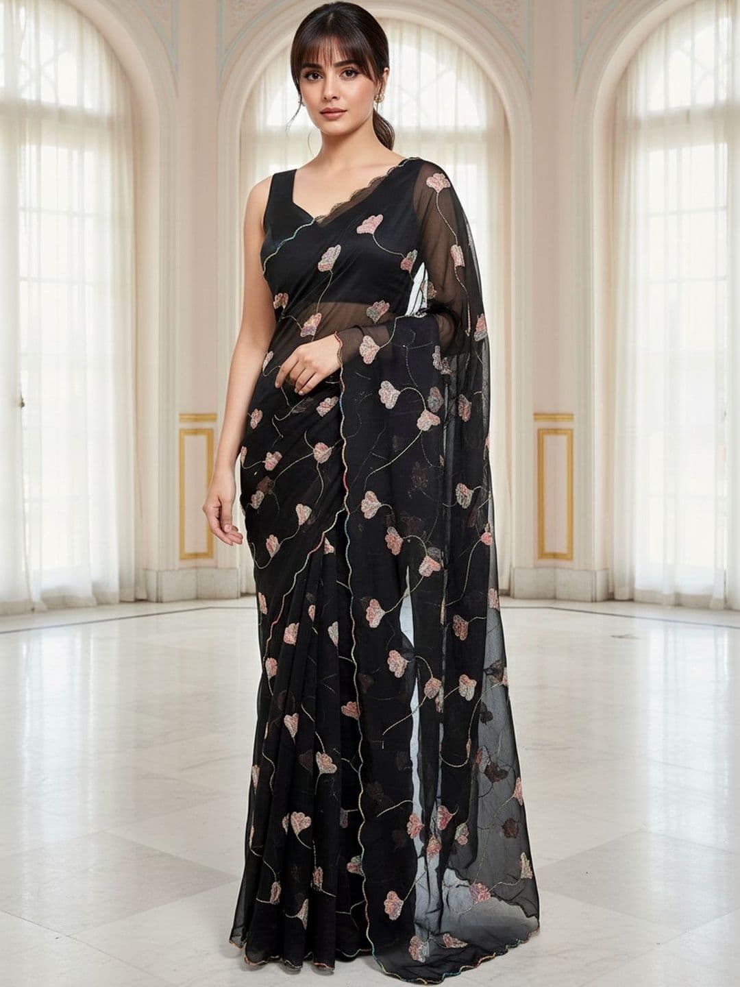 FABLAND Black Georgette Saree with Floral Sequence & Beads Embroidery Scalloped Border - view 1
