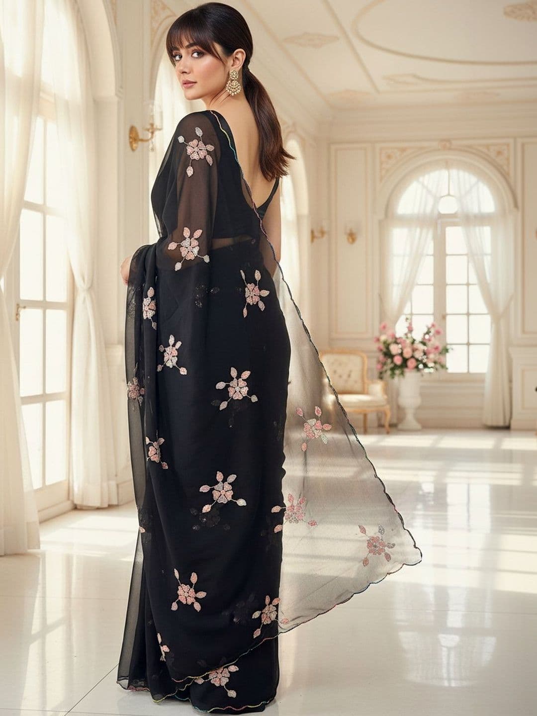 FABLAND Floral Embroidered Poly Georgette Designer Saree thumbnail 6