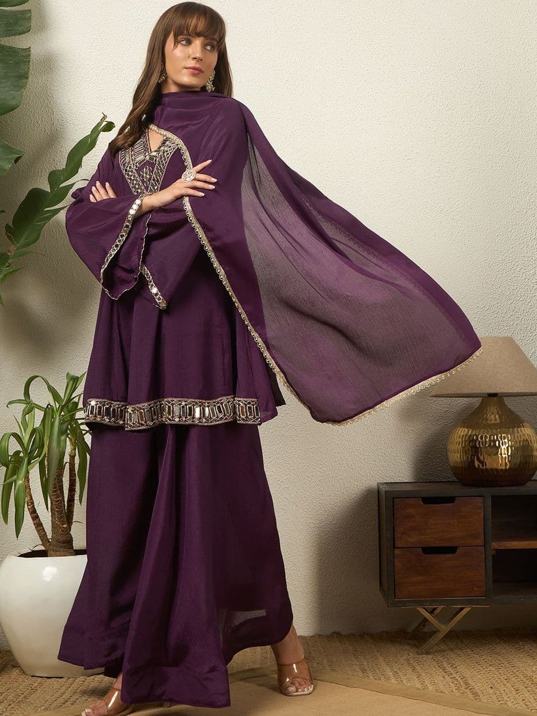 Honky Tonky Women Ethnic Motifs Embroidered Regular Mirror Work Kurta with Palazzos & With Dupatta thumbnail 3