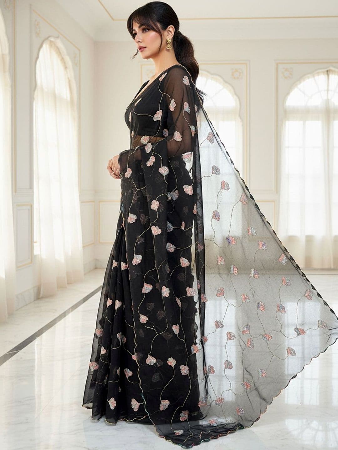 FABLAND Black Georgette Saree with Floral Sequence & Beads Embroidery Scalloped Border thumbnail 3