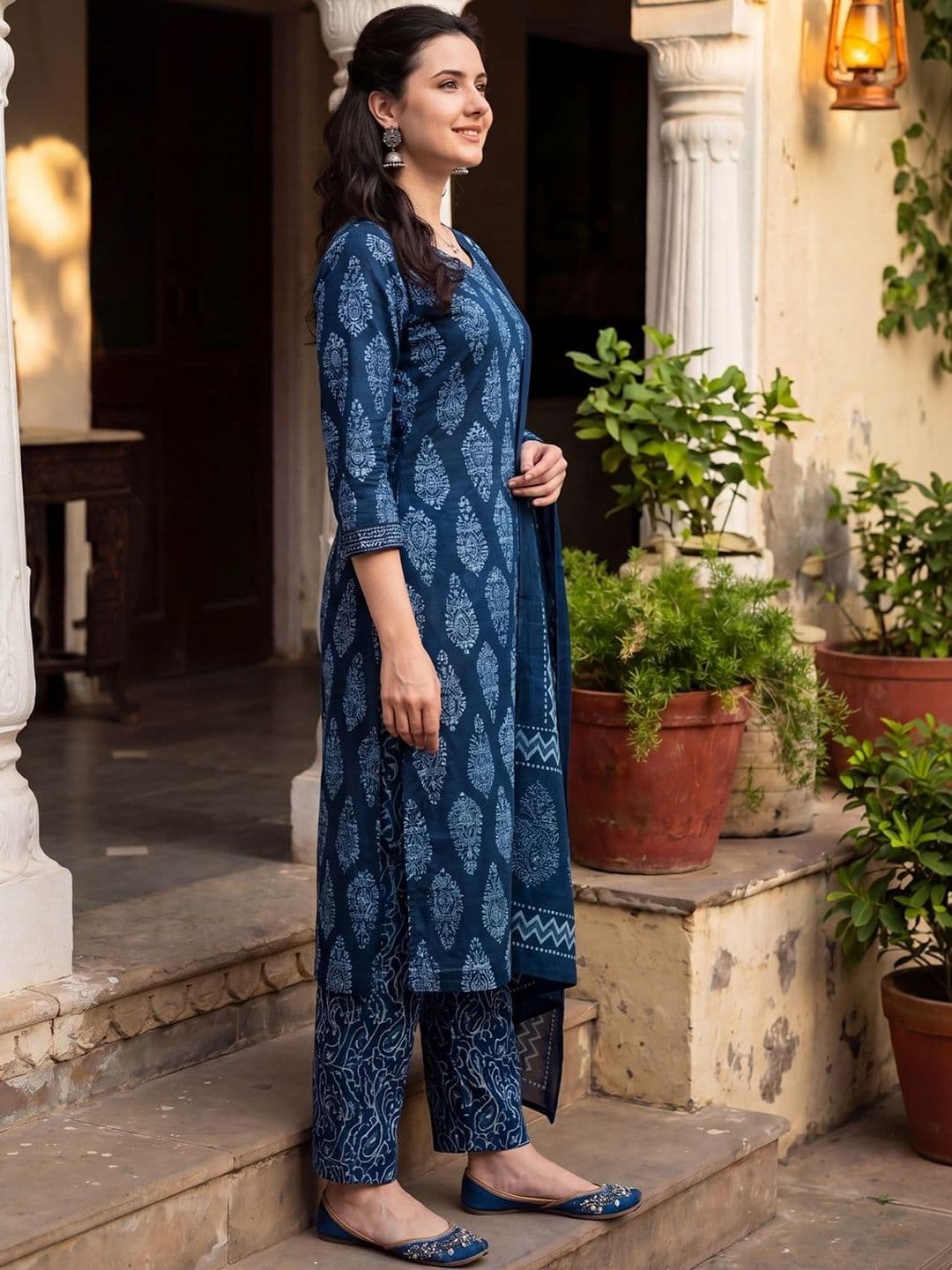 Indo Era Women Ethnic Motifs Printed Regular Pure Cotton Kurta with Trousers & With Dupatta thumbnail 6