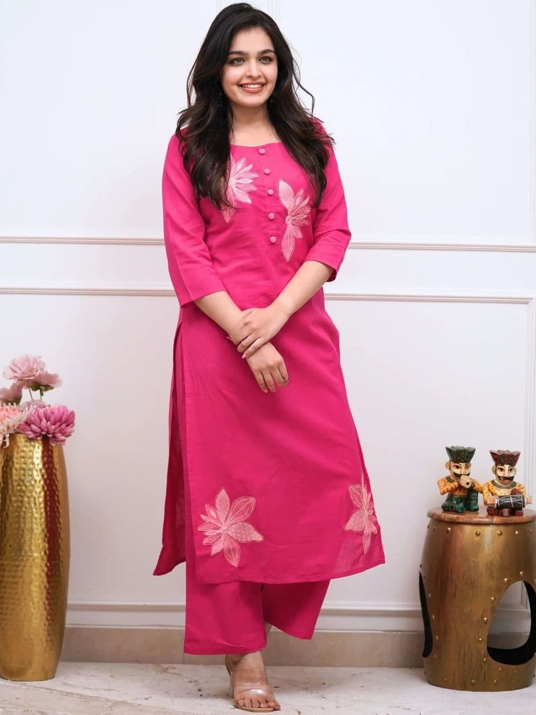 VIVANA Women Floral Embroidered Regular Thread Work Pure Cotton Kurta with Palazzos thumbnail 2