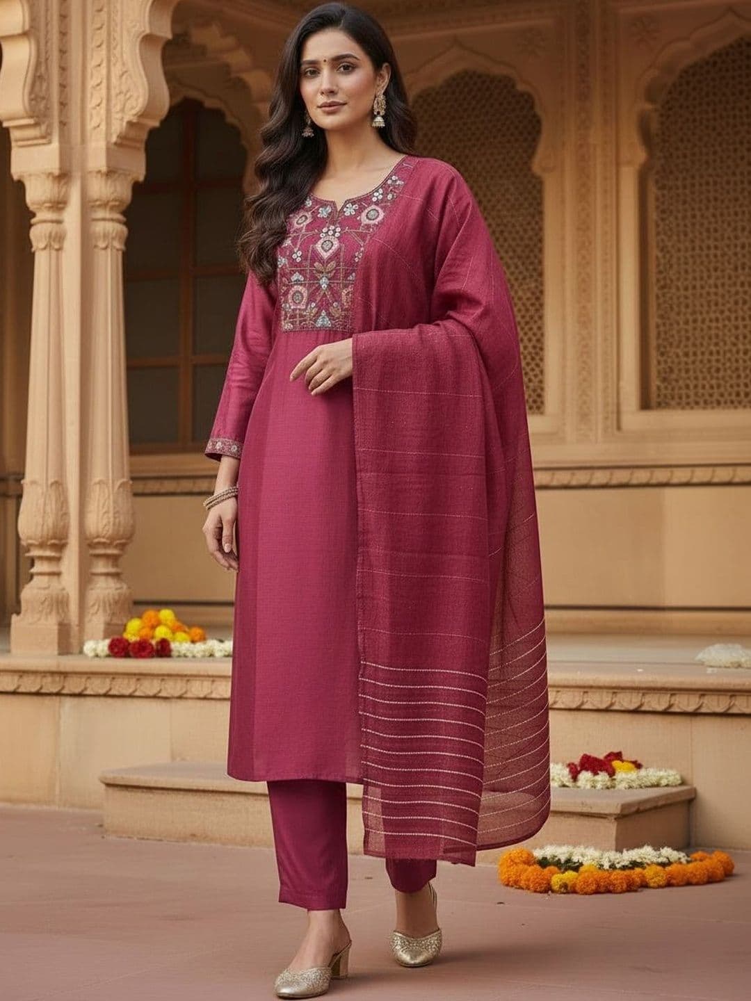 KALINI Women Ethnic Motifs Embroidered Regular Thread Work Kurta with Trousers & With Dupatta - view 1