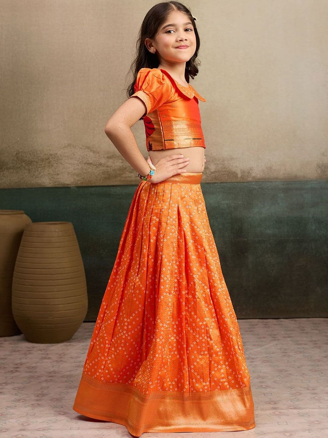 Tasarika Girls Orange Printed Semi-Stitched Lehenga Choli thumbnail 3