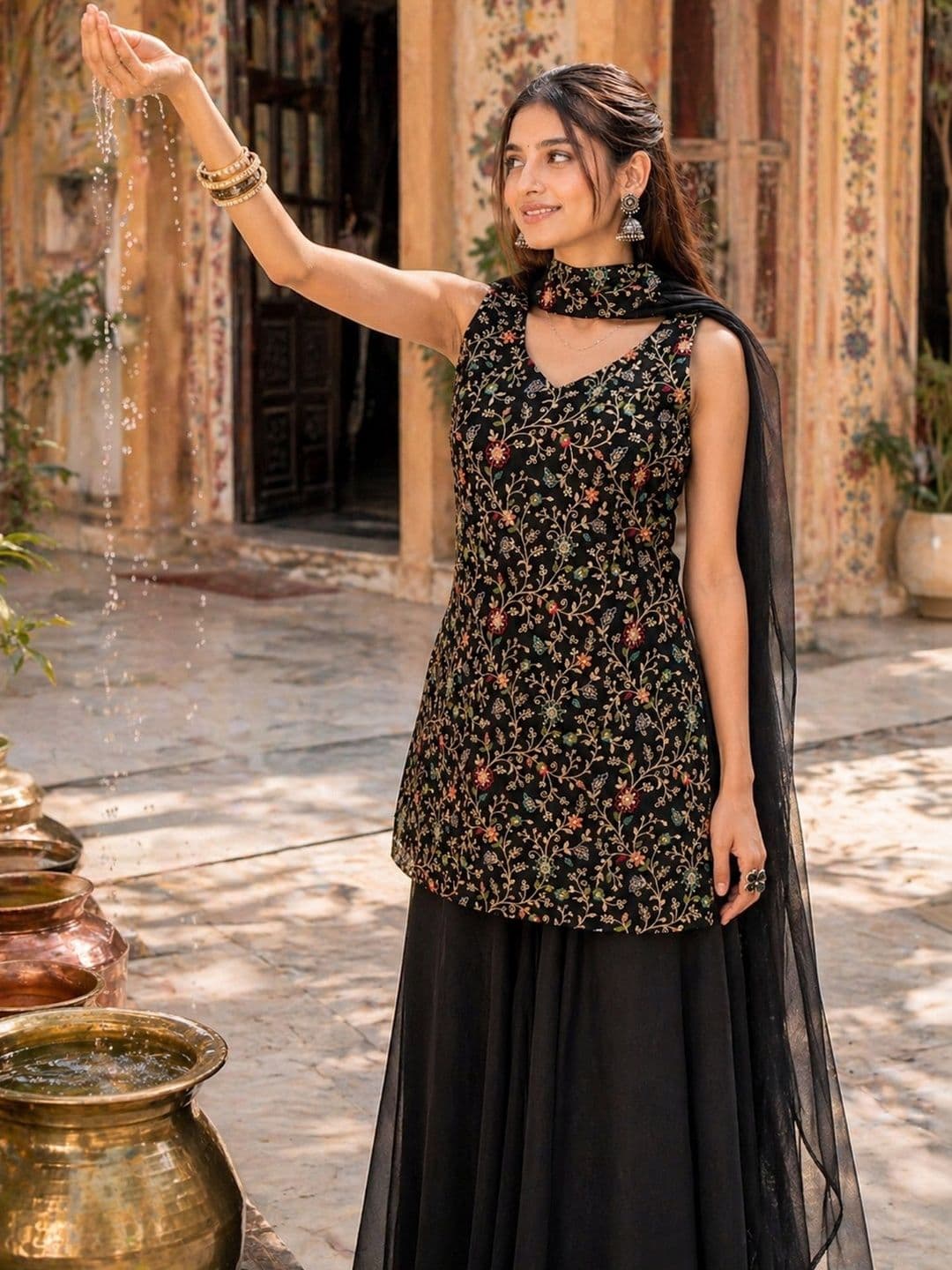 Sangria Embroidered  V-Neck Kurta & Sharara With Dupatta thumbnail 2