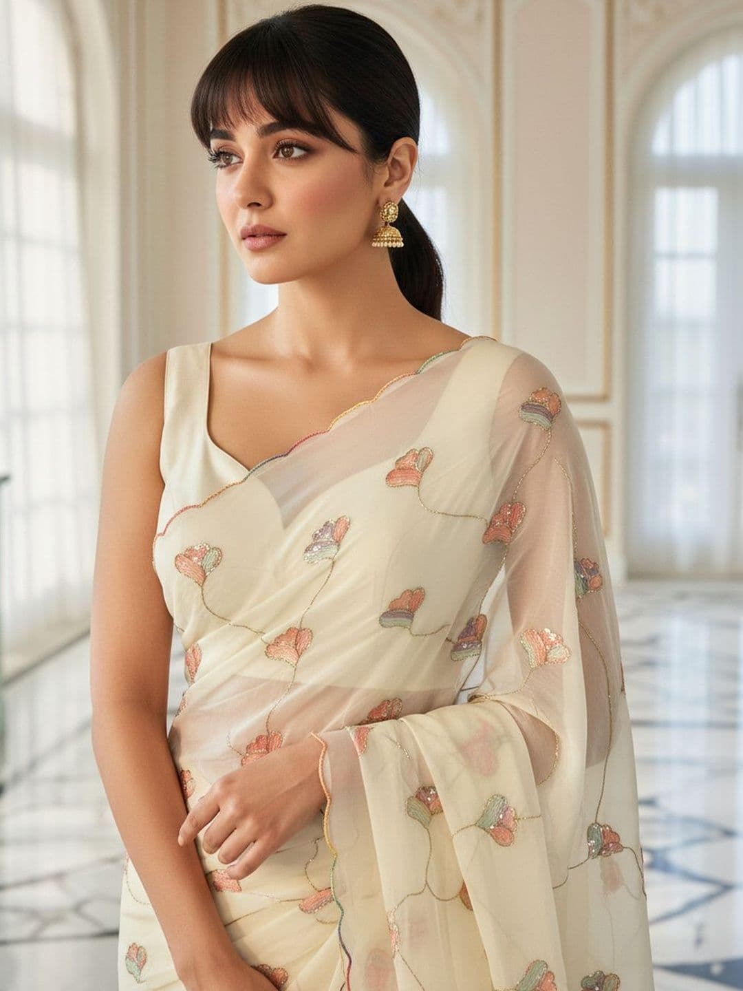 FABLAND Floral Sequinned Poly Georgette Saree thumbnail 3