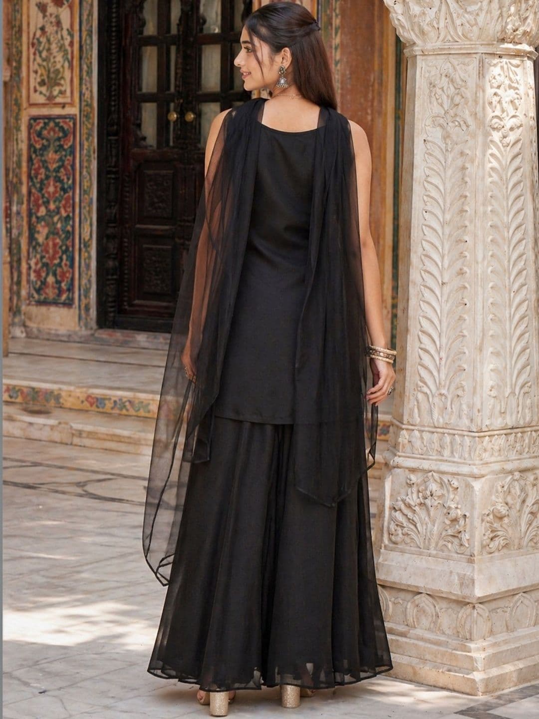 Sangria Embroidered  V-Neck Kurta & Sharara With Dupatta thumbnail 4