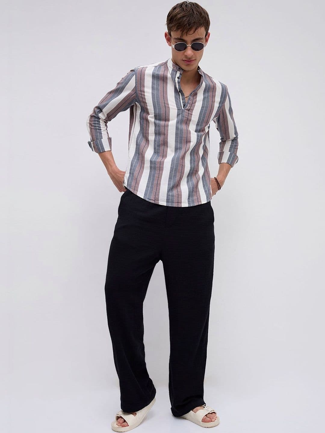 VASTRADO Refined White & Grey Broad Striped Kurta thumbnail 4