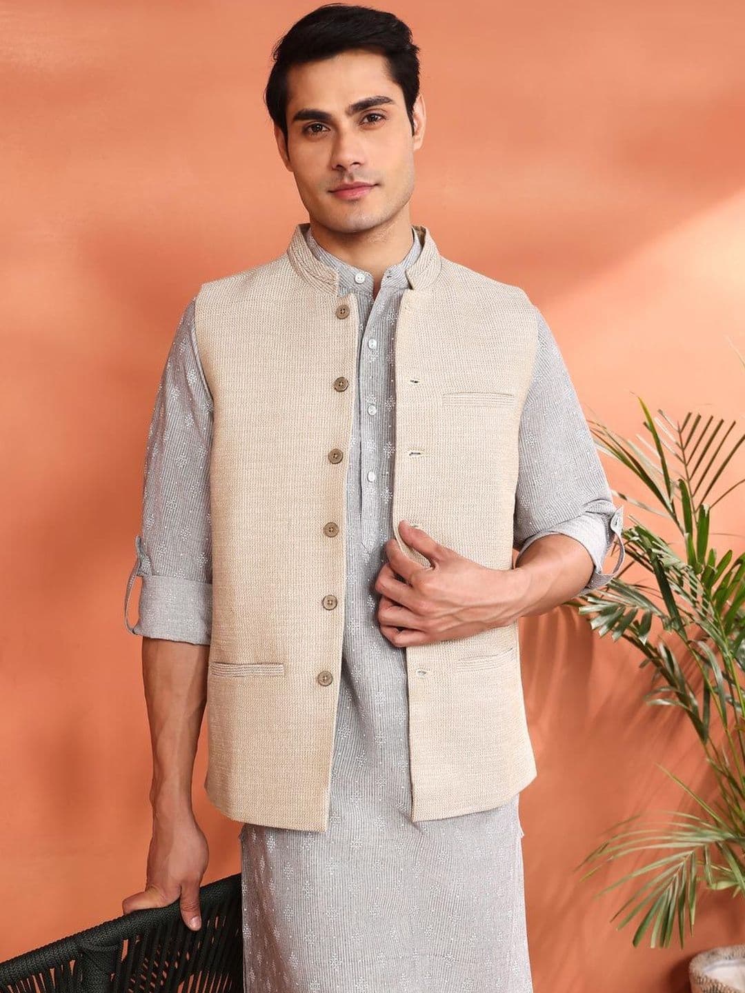 Fabindia Woven Design Pure Cotton Woven Nehru Jackets - view 1