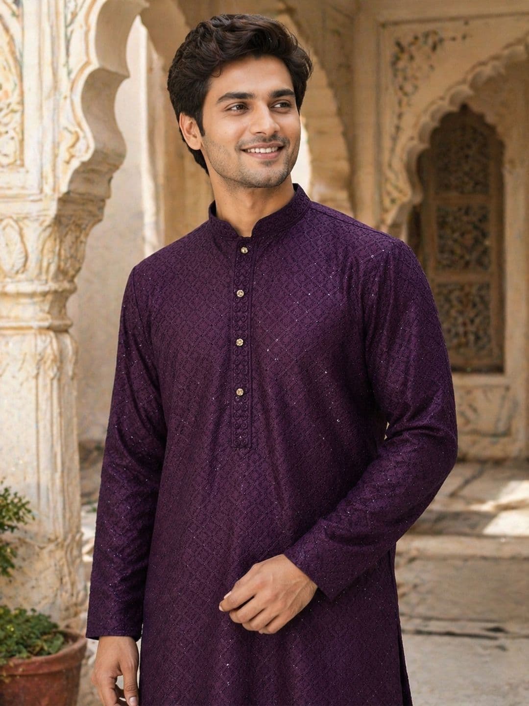 House of Pataudi Ethnic Motifs Embroidered Sequinned Detail Mandarin Collar Straight Kurta thumbnail 3