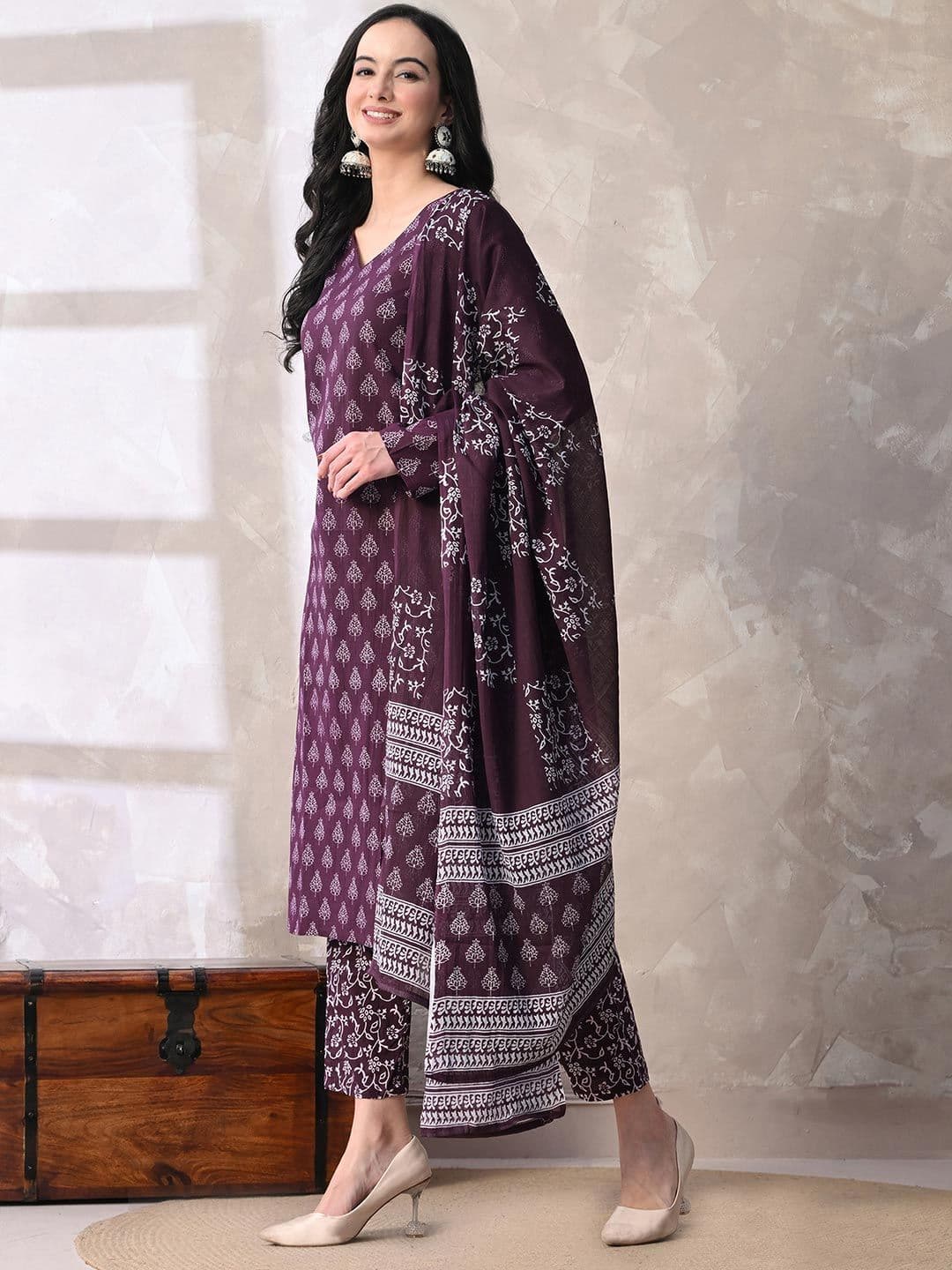 MEERA FAB Women Ethnic Motifs Printed Regular Pure Cotton Kurta with Palazzos & With Dupatta thumbnail 3