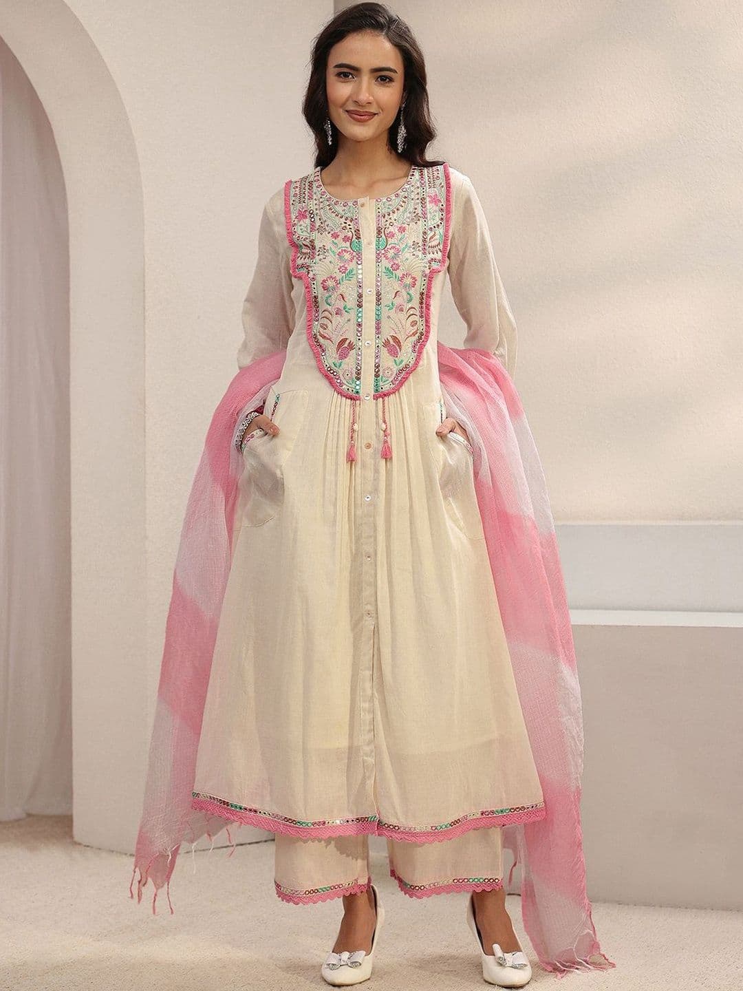 Libas Women Ethnic Motifs Embroidered Panelled Thread Work Kurta with Trousers & With Dupatta - view 1