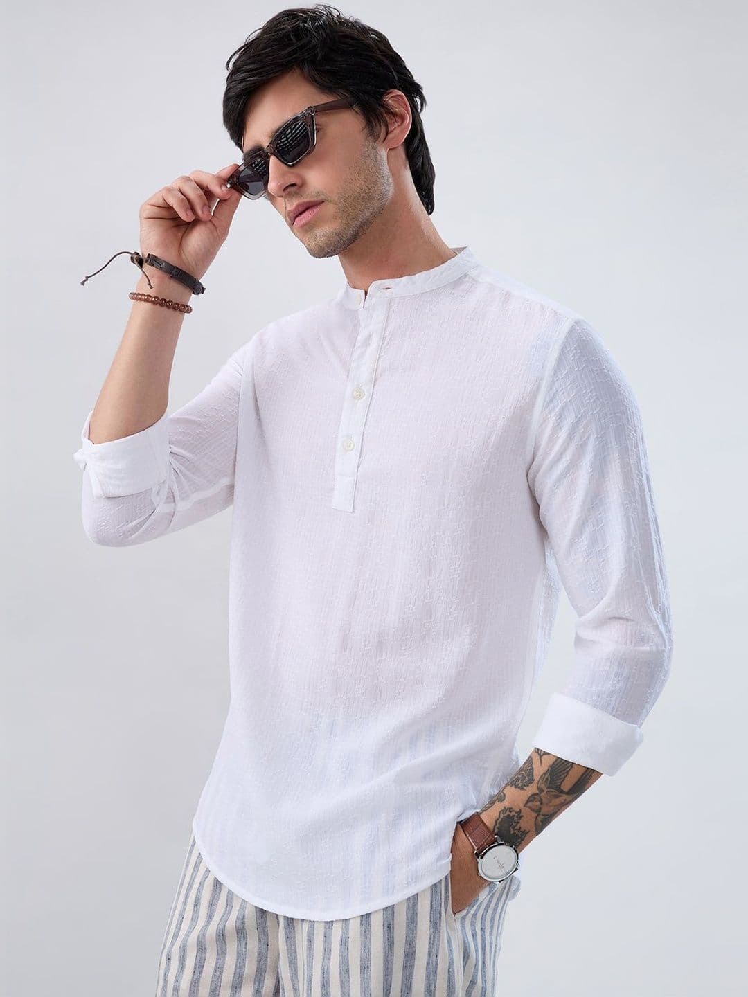 VASTRADO White Fine Weave Jacquard Kurta thumbnail 2