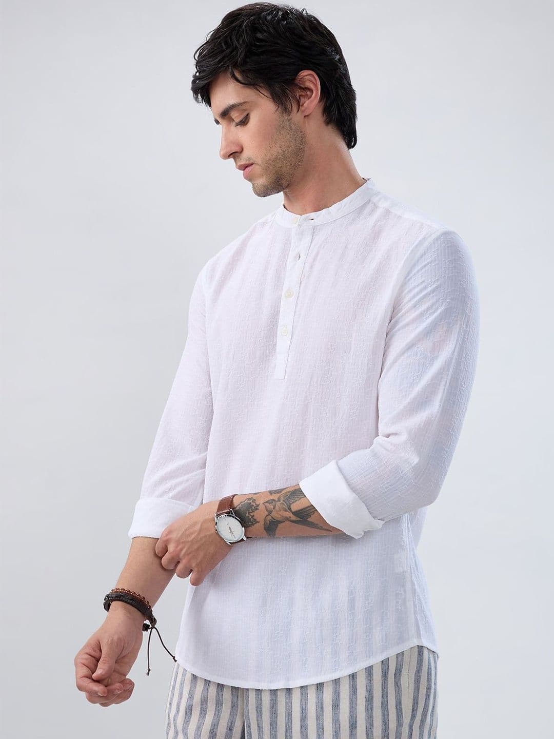 VASTRADO White Fine Weave Jacquard Kurta thumbnail 5