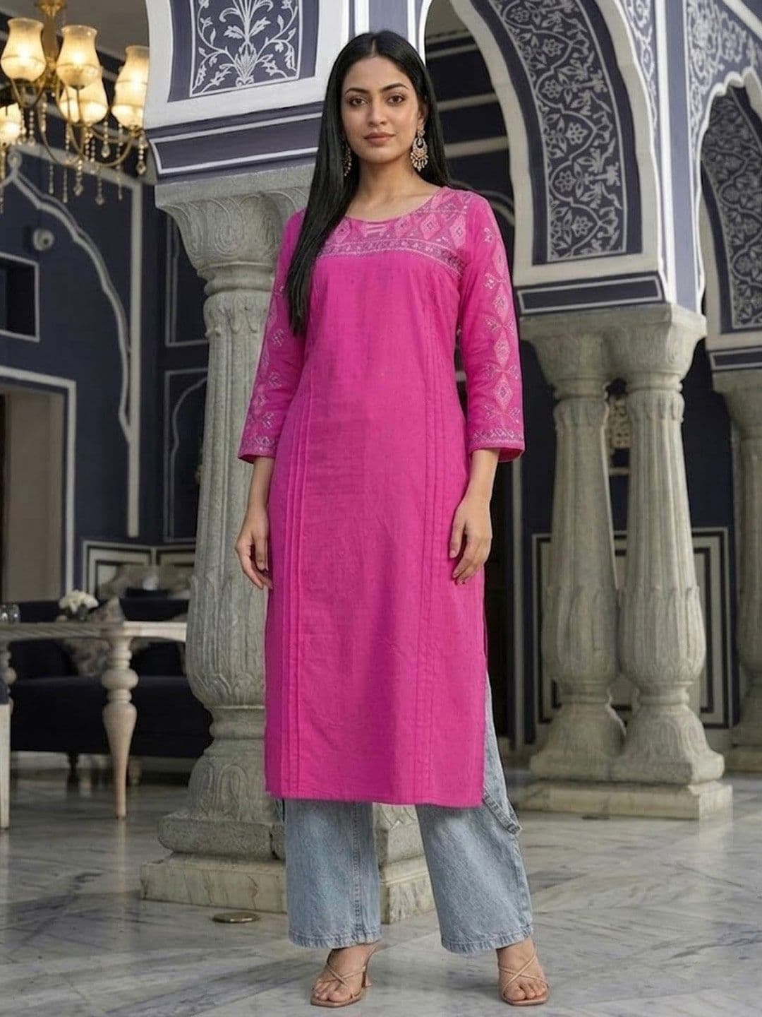 Varanga Women Ethnic Motifs Embroidered Daily Cotton Straight Kurta - view 1